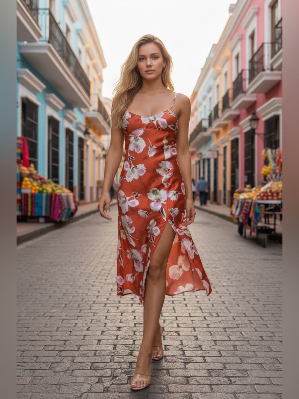 178 • Marigold Orange Floral Slip Midi Dress with Side Slit